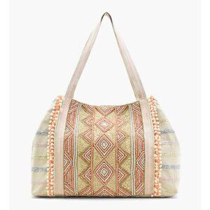 America & Beyond Beaded Tote Bag in Gold and Pink — EUC